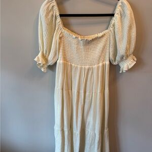 Elegant Cream Smocked Midi Dress